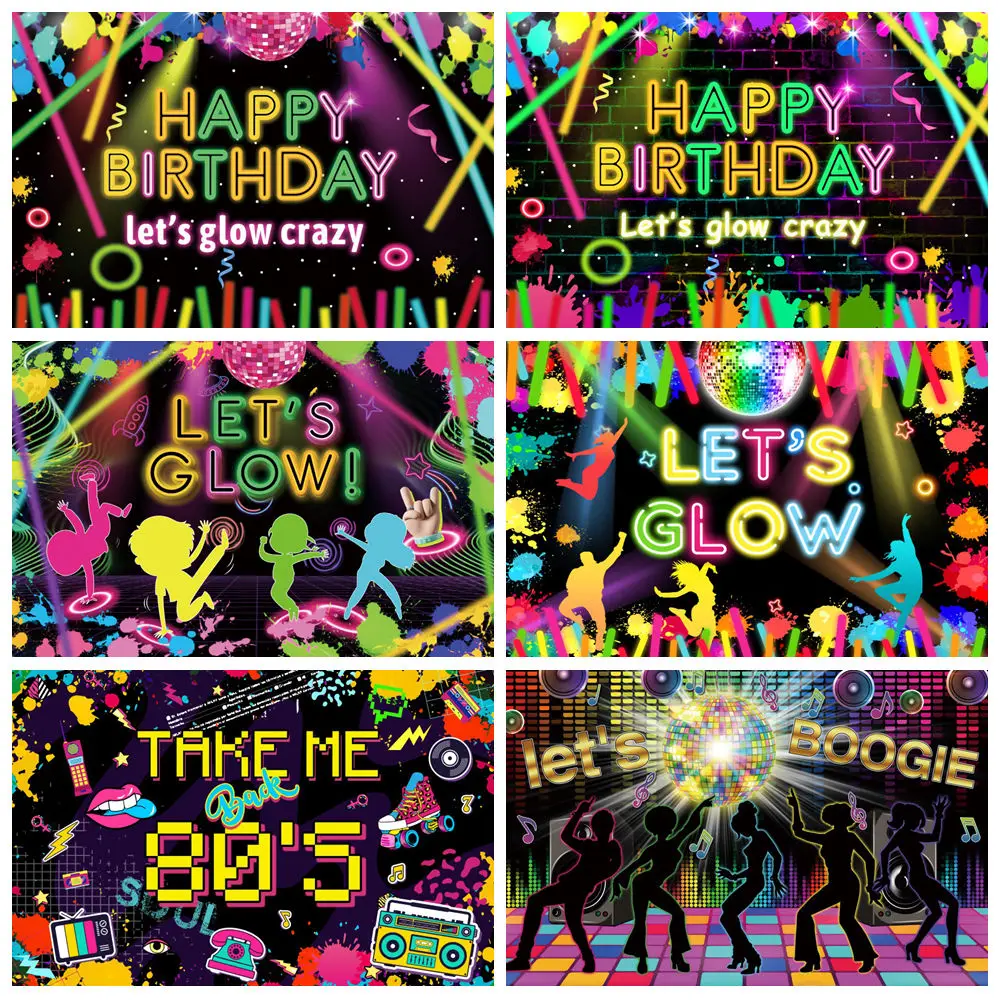 

Hip Hop Happy Birthday Photography Backdrop Neon Stage Let's Glow Shiny Disco Music Party Birthday Decor Photo Background Banner