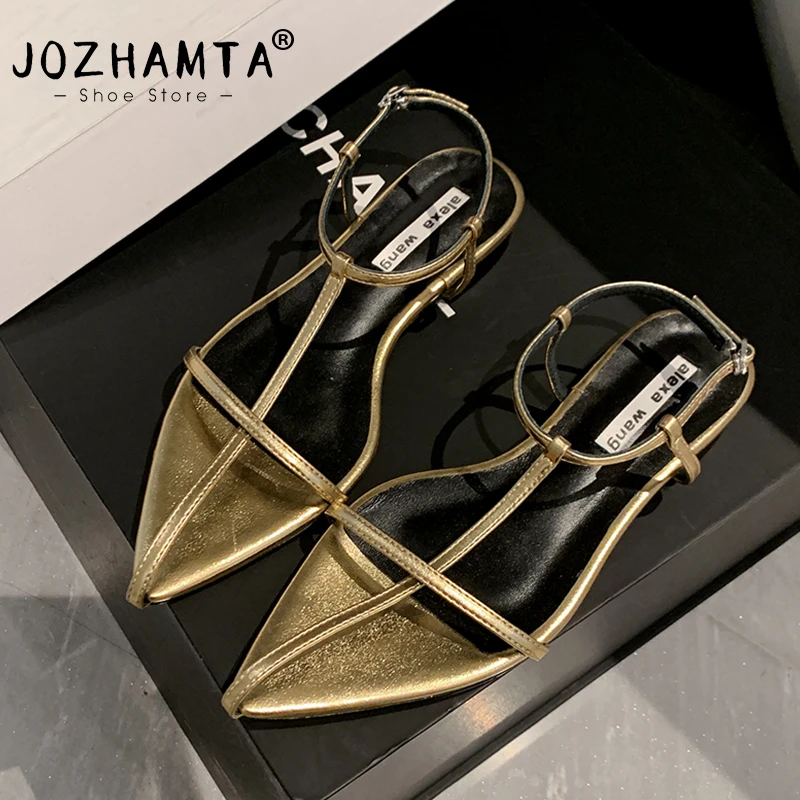 JOZHAMTA Size 34-40 Flats Sandals Women Rome Buckle Low Heels Summer Shoes For Women Pointed Toe T-Strap Sexy Brand Sandalias