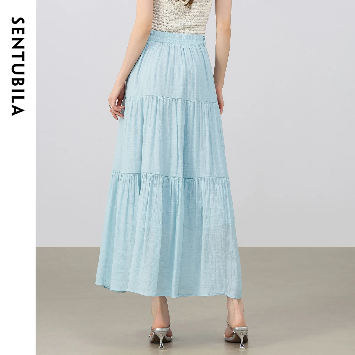 SENTUBILA Women's Layered Skirts Summer Long White Pleated A Line Midi Skirt 2025 New Collection Elegant Boho Clothing W52QA2340