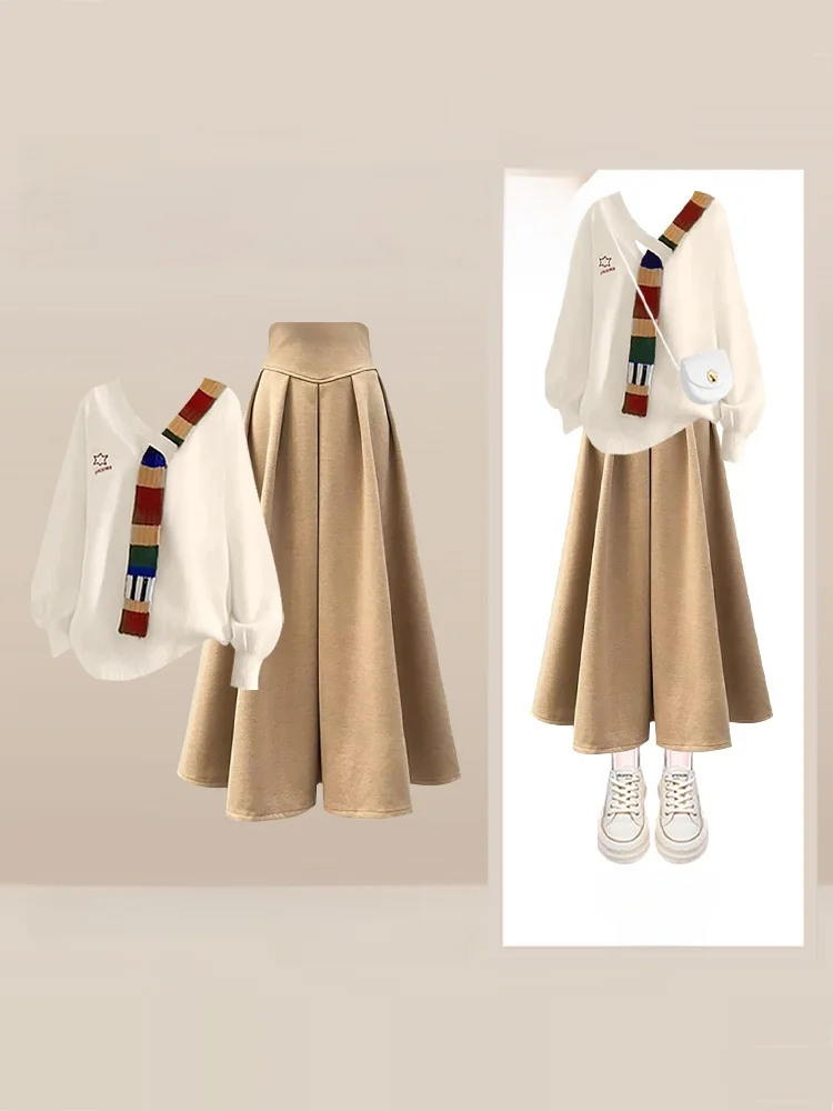 

Зимний трикотаж с v-образным вырезом и высокой талией, комплект трапециевидной юбки для похудения, большой подол, модный женский ансамбль из двух предметов, осень-зима