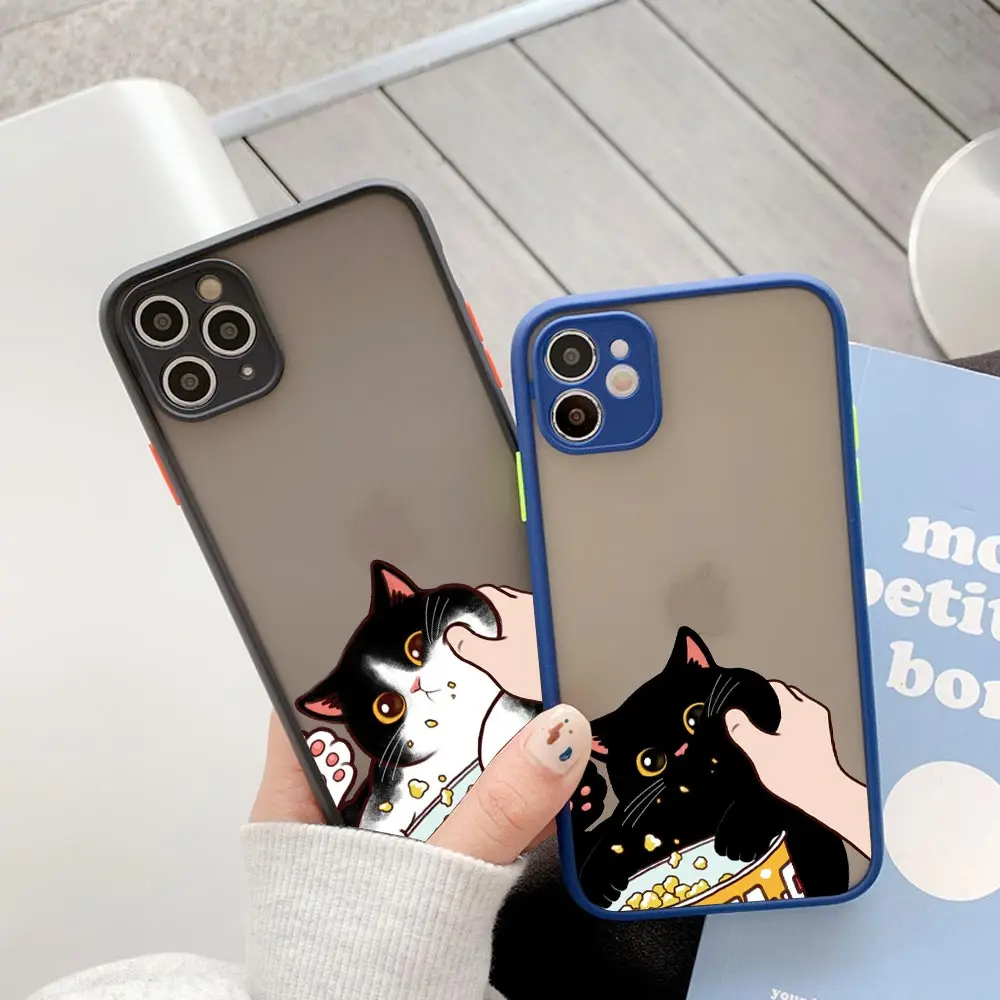 Black Cat Snacking Cartoon Phone Case For Apple iPhone 14 15 Plus 11 13 Pro Max 12 Mini XS XR 8 15 Pro Frosted Translucent Cover