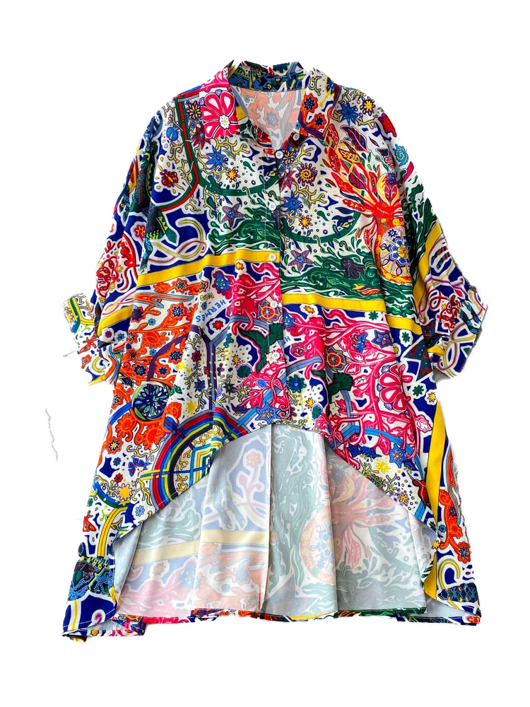 

Dopne ing Print Long Sve Collar Sun Protection Loose Fit Slimming Butt Covering Midi Length Women's irt