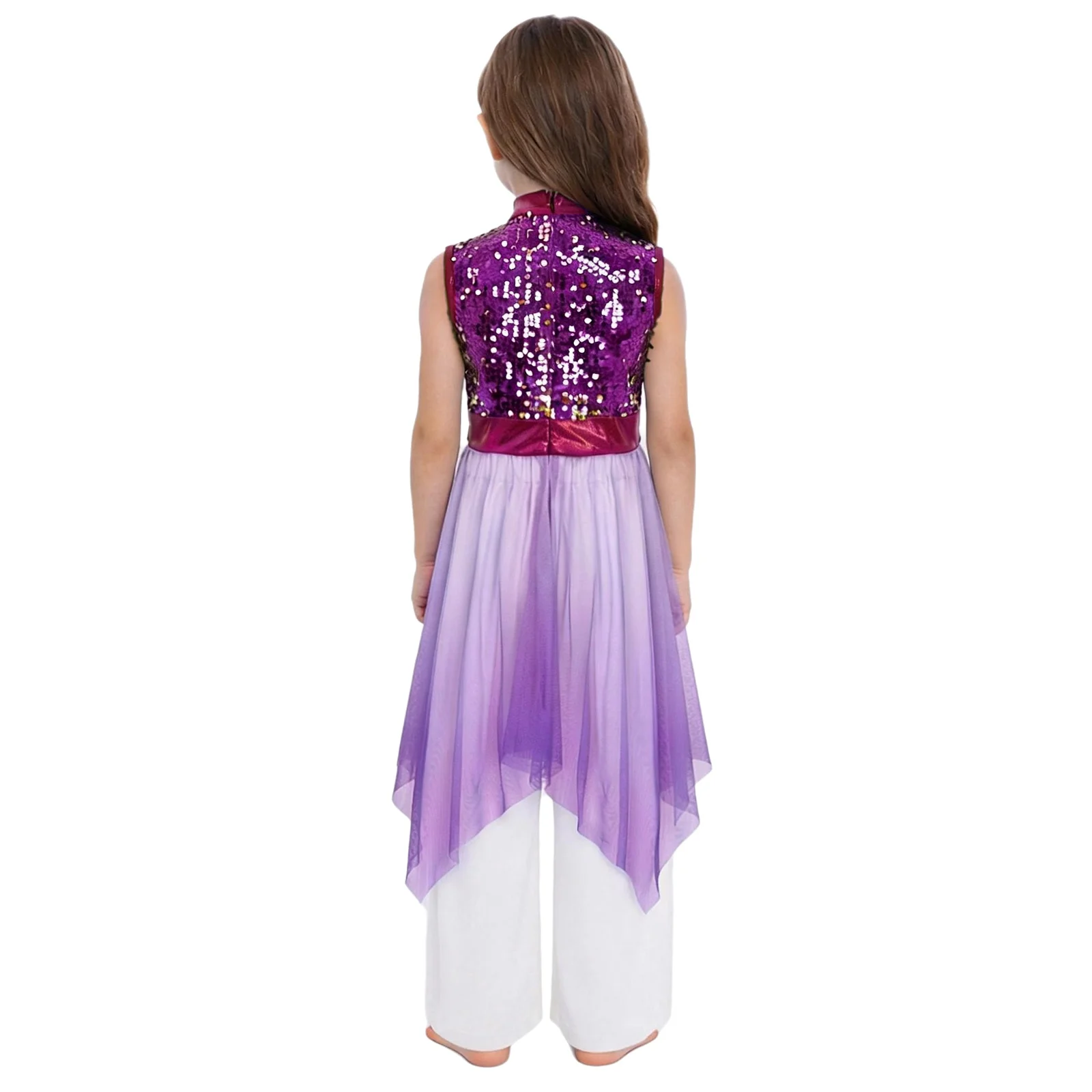 Children Girls Liturgical Worship Praise Choir Lyrical Dance Performance Outfit Sleeveless Sequins Bodice Tunic Dress with Pants