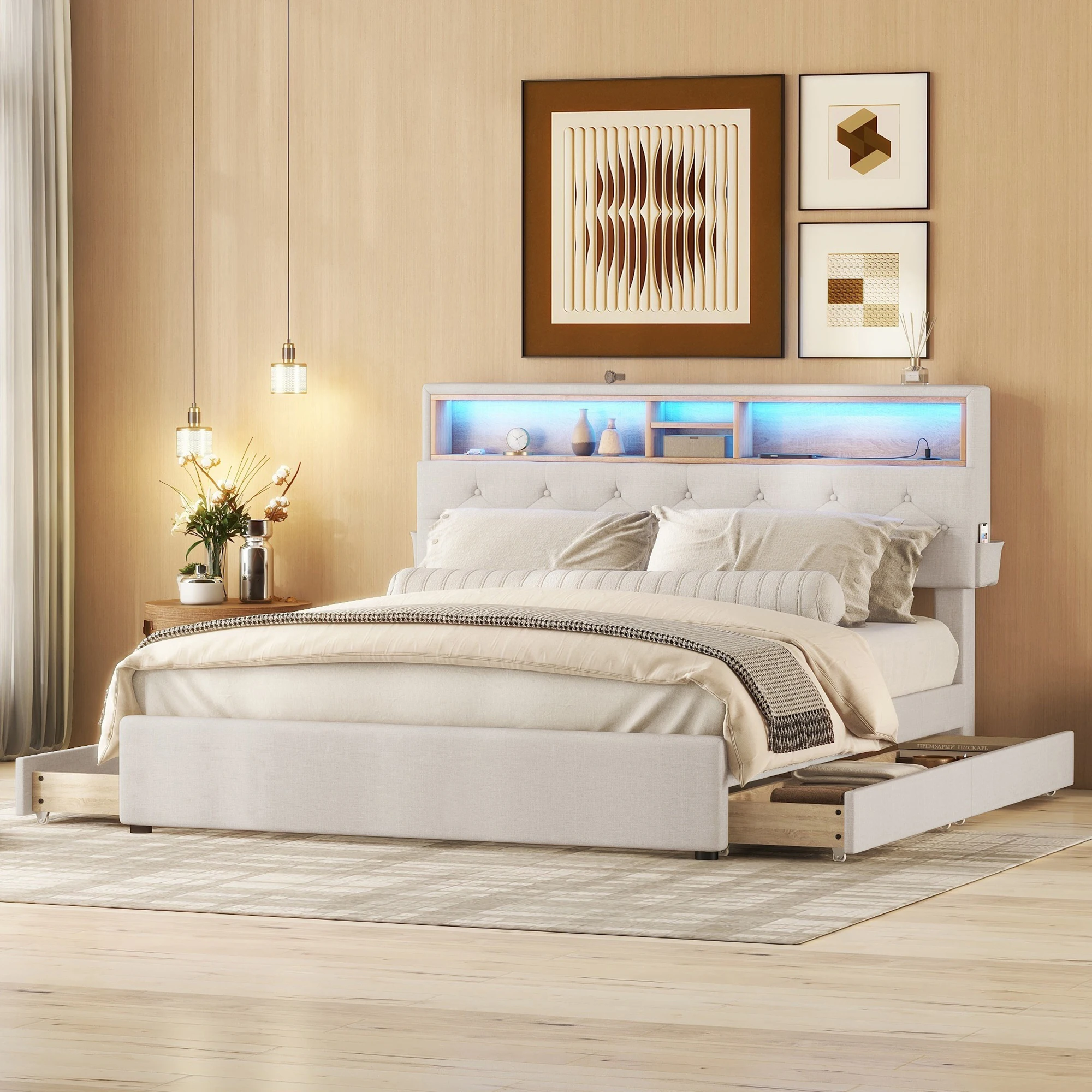 Double bed, upholstered bed, storage space, headboard, bed with USB charging and LED lighting, functional bed with four drawers