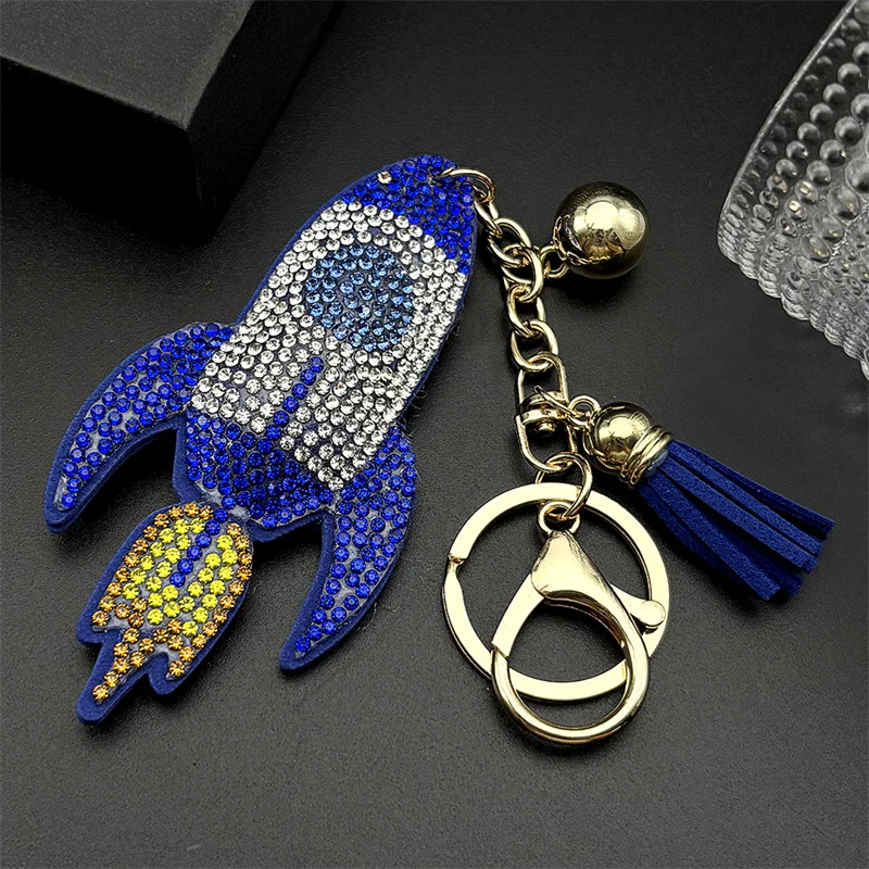 Cool Rocket Male Keyring Full Shine Crystal Rhinestone Tassel Kids Schoolbag Pendant Hanging Individual Keychain Jewelry Gifts
