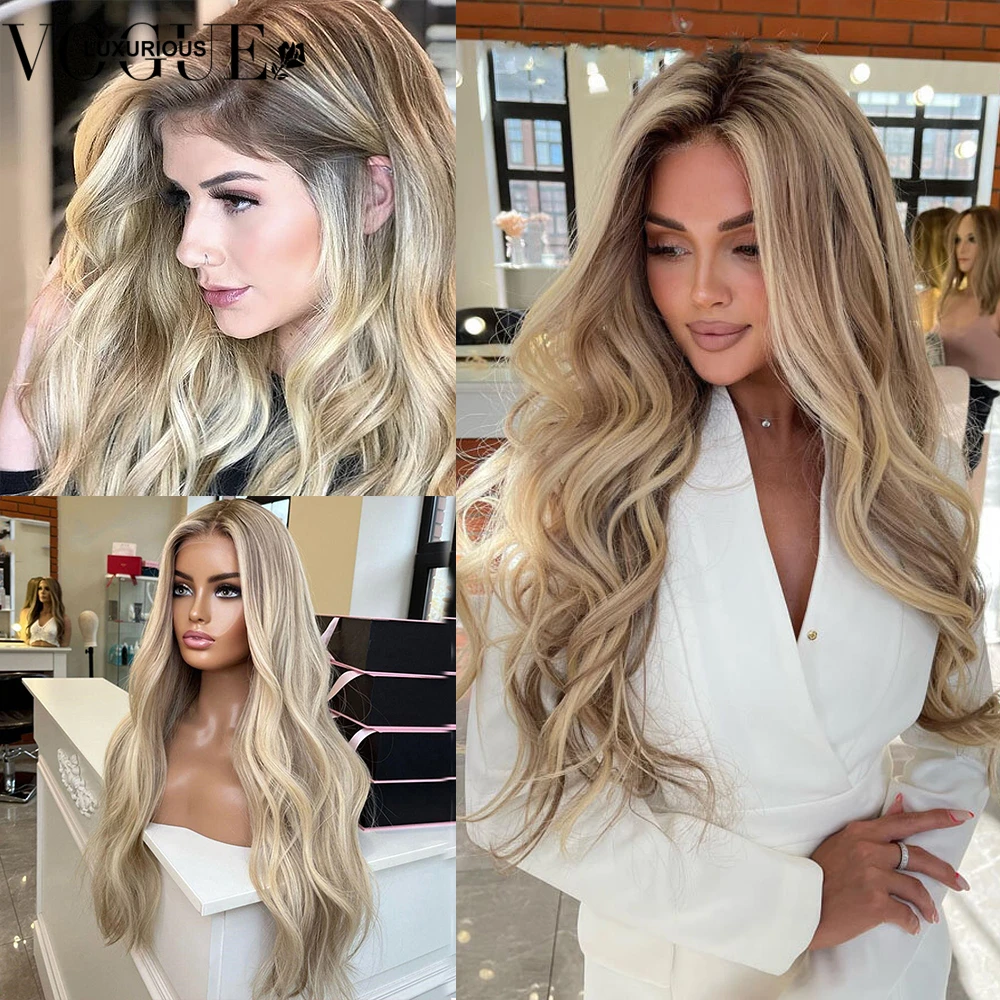 

Elegant Ombre Highlight Honey Blonde Wigs Human Hair Balayage Dark Roots Body Wave Lace Front Human Hair Wig Pre Bleached Wigs