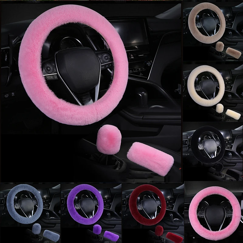 

Universal Steering-wheel Plush Car Steering Wheel Covers Winter Faux Fur Hand Brake&Gear Cover 3 Pcs/ Set Car Accessories