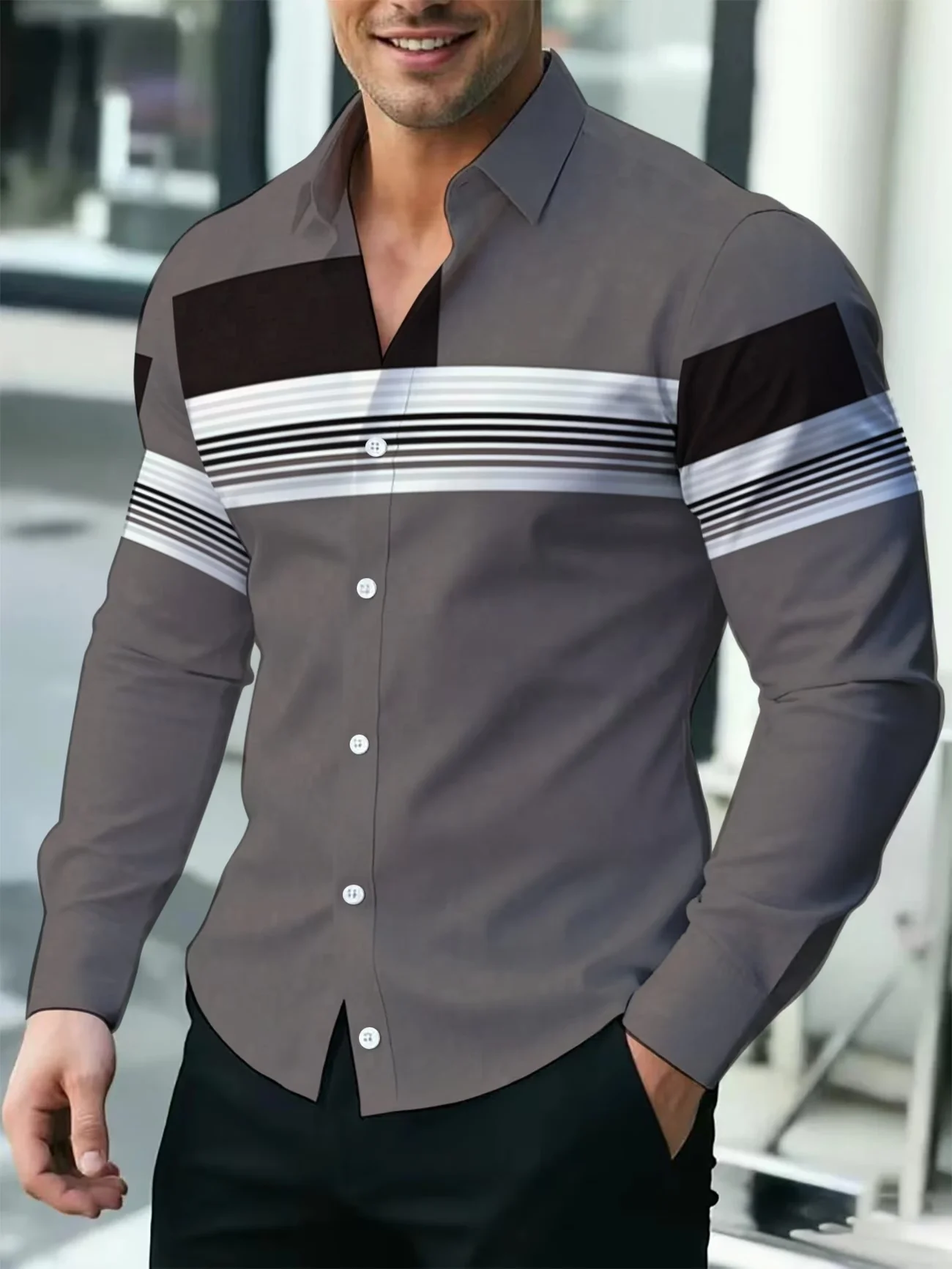 New Black and White Contrasting Red Rose Butterfly Print Men's Long Sleeved Shirt Retro Style Casual Shirt