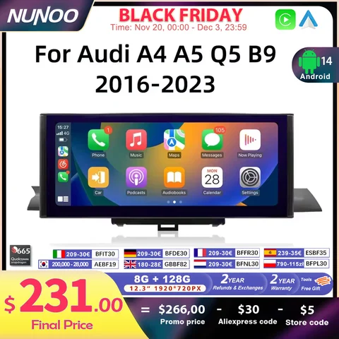 12.3 Android 14 Wireless Carplay Per Audi A4 A5 Q5 B9 2017 2016-2023 IPS Touch Screen WIFI Multimedia Stereo GPS Navi Ricevitore