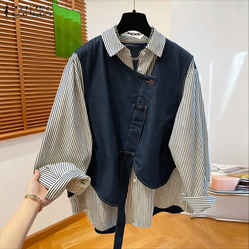 

ZANZEA Fashion Stripe Shirts Women Long Sleeve Tops Fake 2 Piece Shirt Patchwork Buttons Casual Blouse Lapel 2025 Elegant Blusas