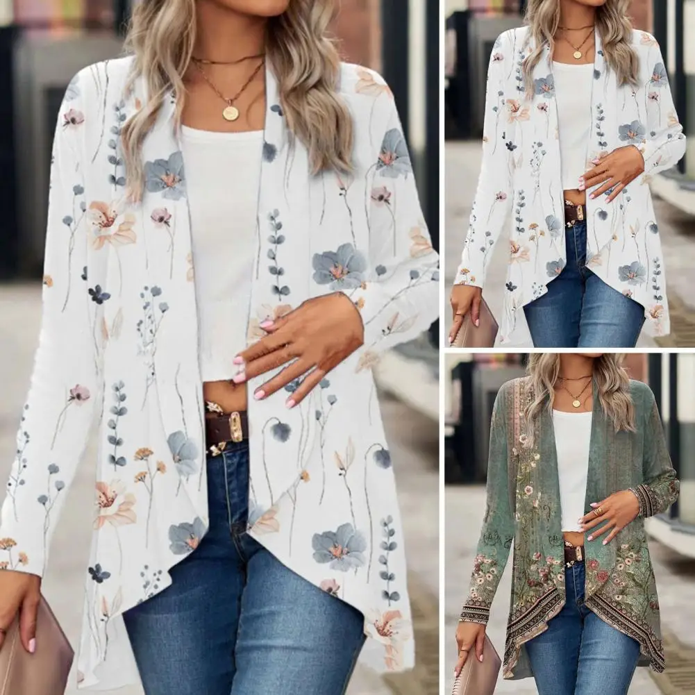 Smart Casual Cardigan Floral Print Women's Collarless Cardigan Stylish Mid-length Coat with Irregular Hem Open Front for Spring