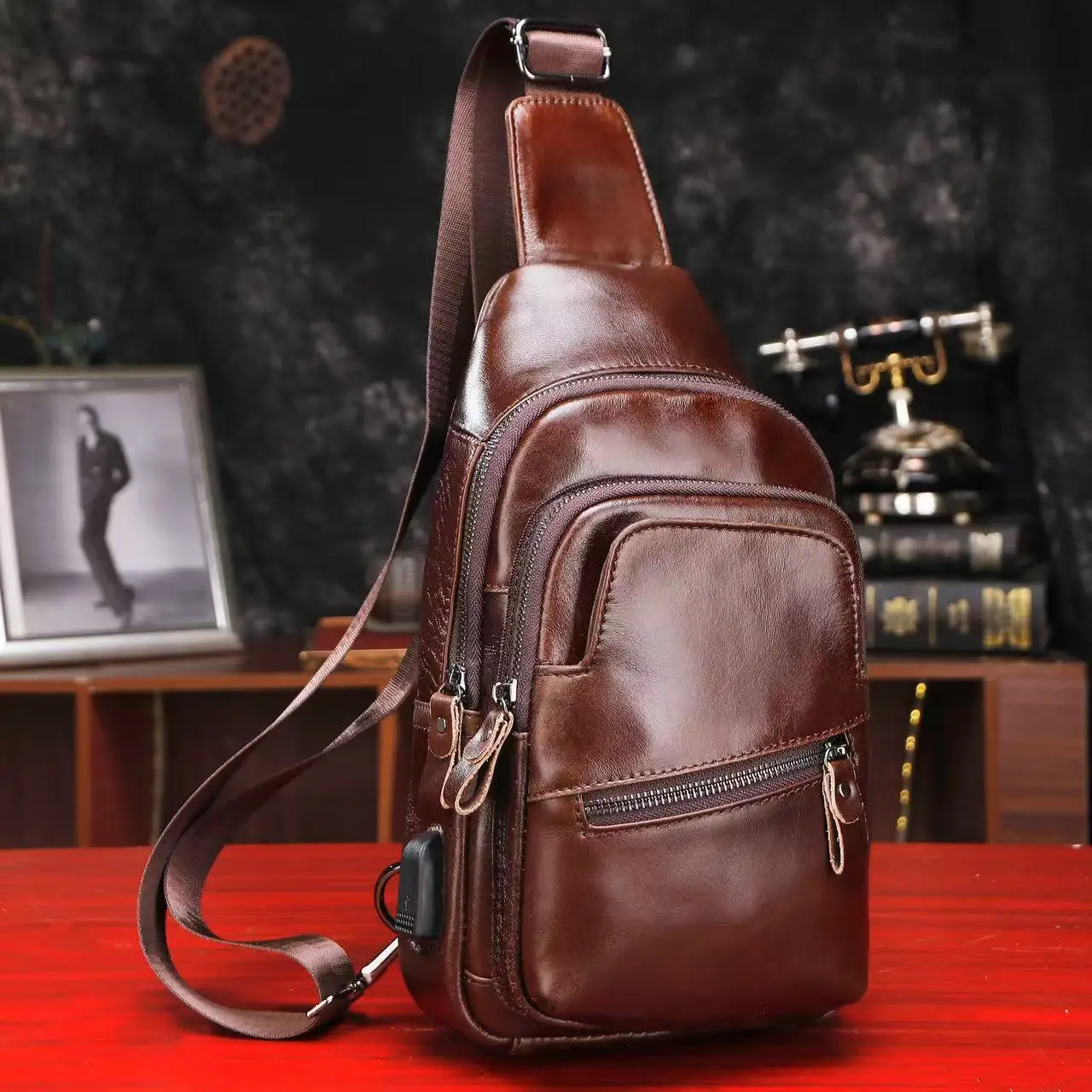 Vintage Full-Grain Cowhide Crossbody Bag Men's Large Capacity Convertible Chest Shoulder Bag for Outdoor