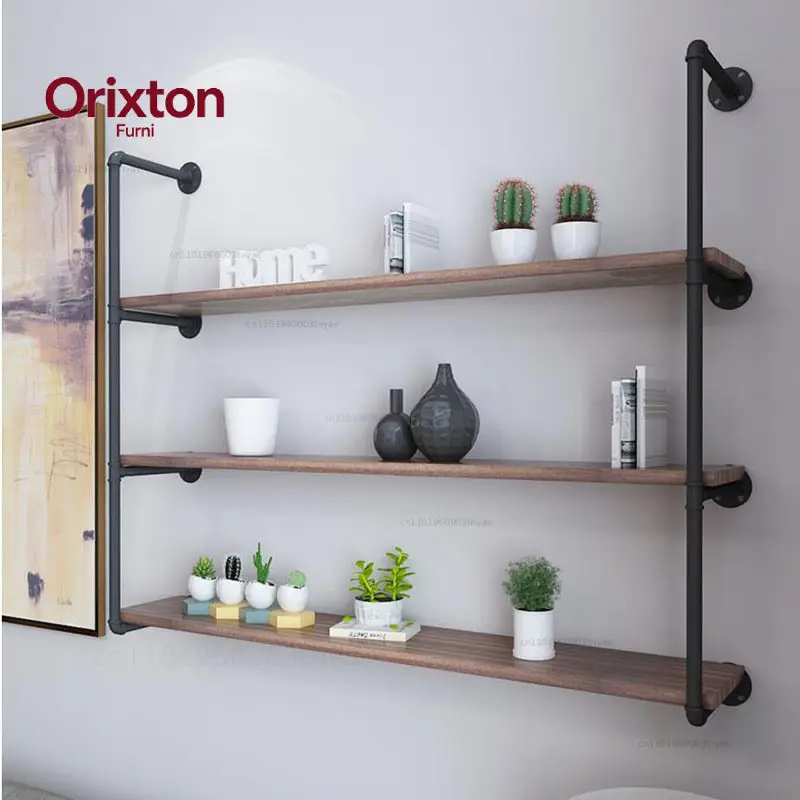Wrought iron water pipe rack industrial style interior decoration, one-word baffle wall multi-layer storage rack wall