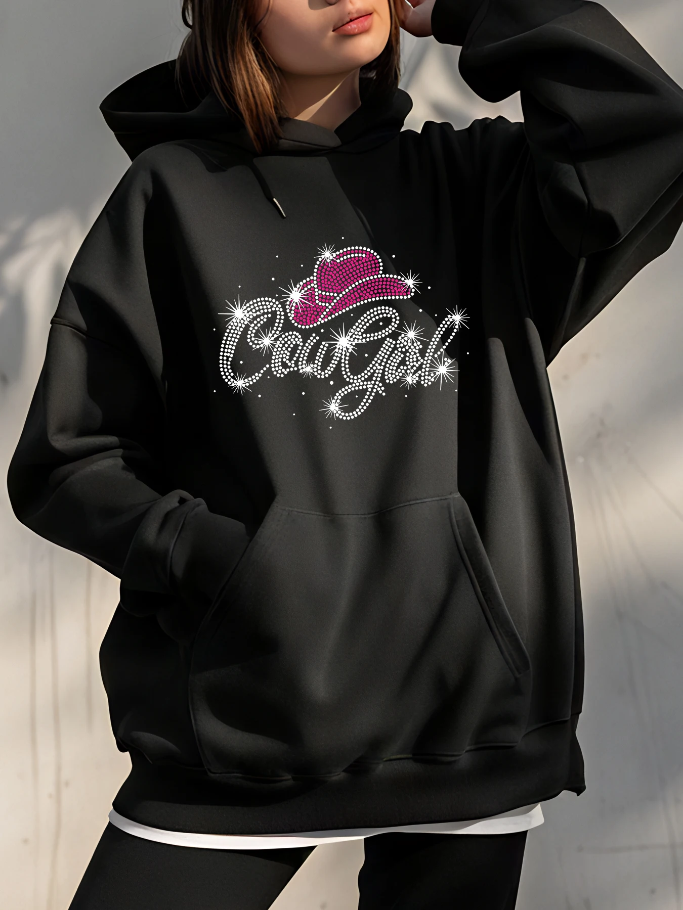 

【Cowgirl】Западная шляпа с капюшоном и принтом со стразами, свободный крой, повседневный стиль, женская, повседневная одежда