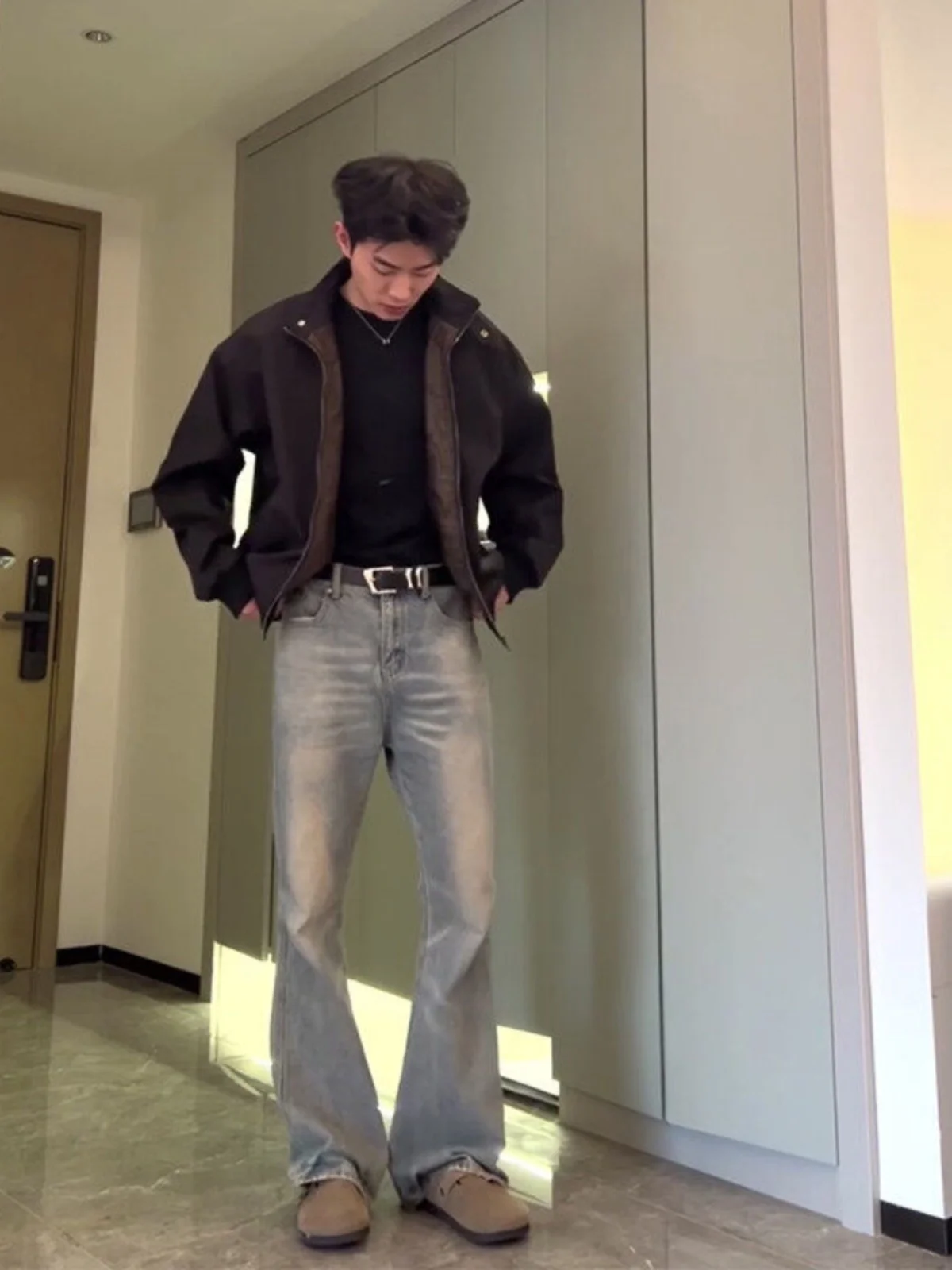 

Retro High Waist Slimming Bell Bot Jeans for Men Spring American High Street Sle Cotton Polyester Blend Wear Resistant