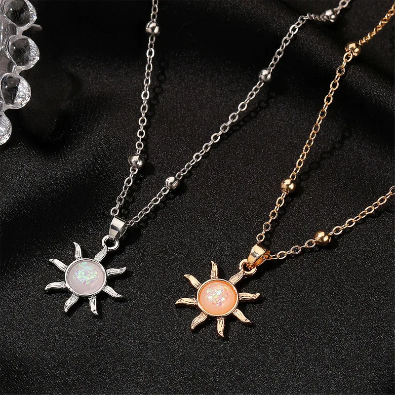 VIVILADY Opal Sun Pendant Necklace for Women Fashion Jewelry Minimalist Accessories Wearable for Gathering Date Party Travel