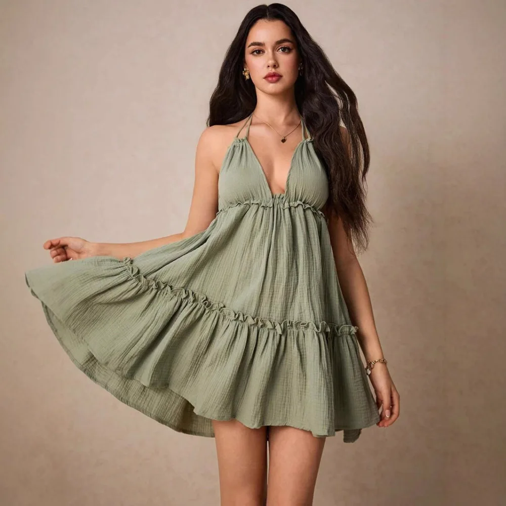 Elegant Women Sexy Ruffle Pleated Mini Dress Backless Sleeveless Bodycon Slim Fit Summer Fashion Casual Party Club Dresses