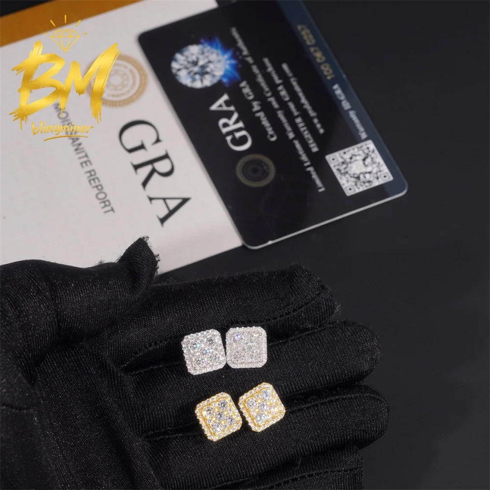 Blingminer Hip Hop Luxury 11mm S925 Silver VVS Moissanite Earrings For Men Women Ear Studs Jewelry Pass Diamonds Tester GRA