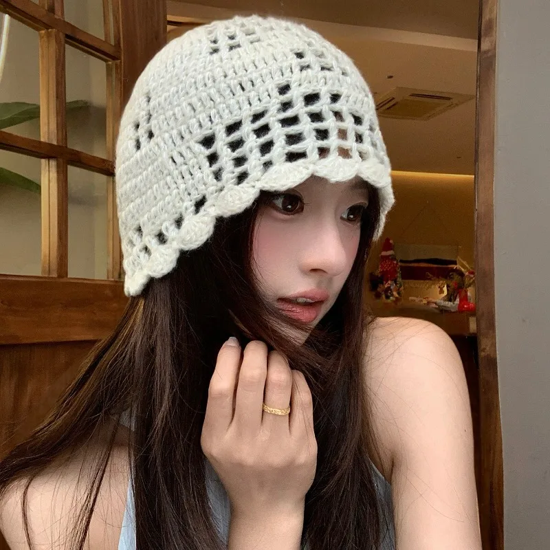 

Japanese Vintage Handmade Crochet Openwork Knitted Hat for Women Spring and Summer Simple Breathable Dome Beanie Caps