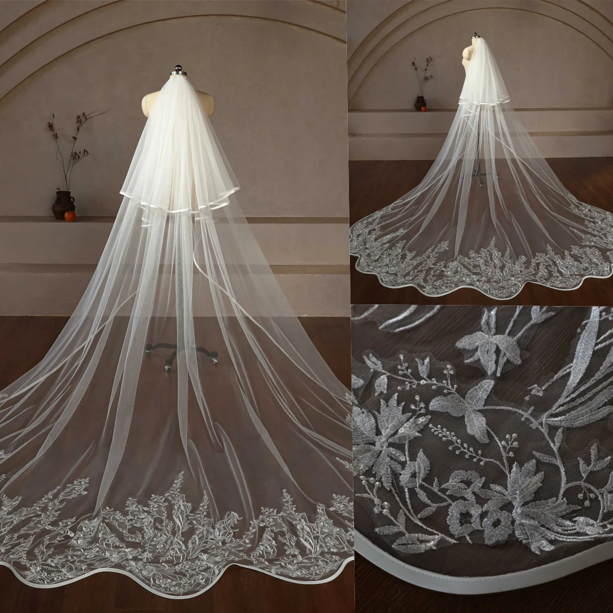 

Elegant Customized Two Layer Cathedral Length Bridal Veils With Comb Marriage Veils Appliques Edge Wedding Accessories