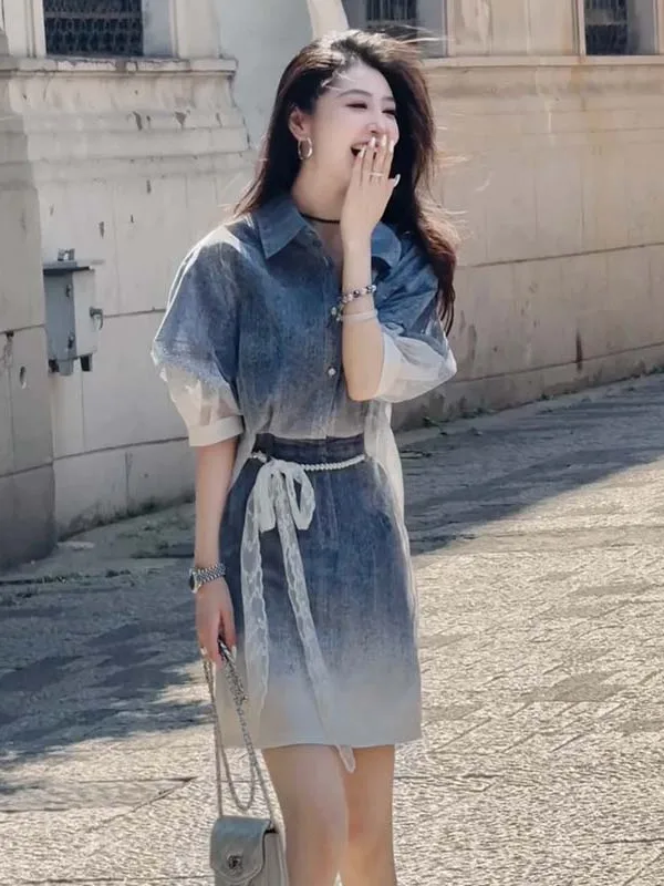 

Fashionable Gradient Shirt And Short Skirt Two-Piece Set Slimming Waist Design Summer 2026 Women's Casual Style Polyester Fiber
