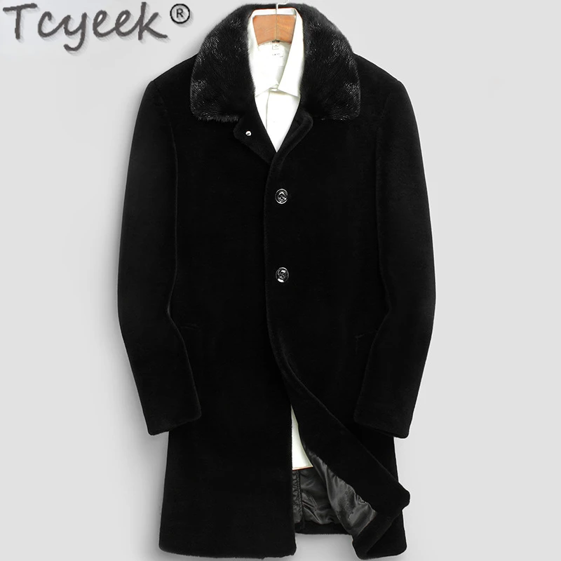 

Tcyeek Fashion Wool Coat Mid-long Sheep Shearling Jackets Man Winter Warm Mink Fur Collar Mens Real Fur Coats Jaqueta Masculina