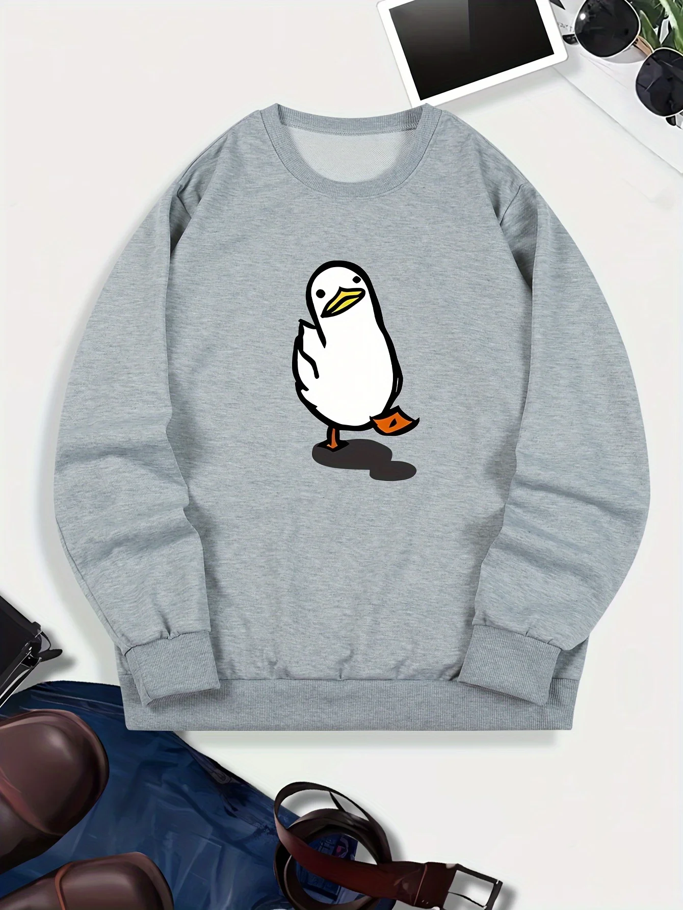 

Мужская повседневная толстовка с круглым вырезом и утиным принтом, трикотаж из 100% полиэстера, слегка эластичность, свободный крой, 250 г/м2