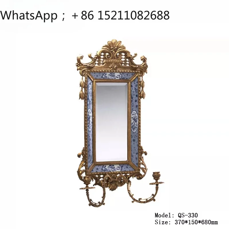 LLY Chinese Romantic Villa Stairs Blue and White Wall Mirror Ceramic Inlaid Copper Wall Hanging Candlestick
