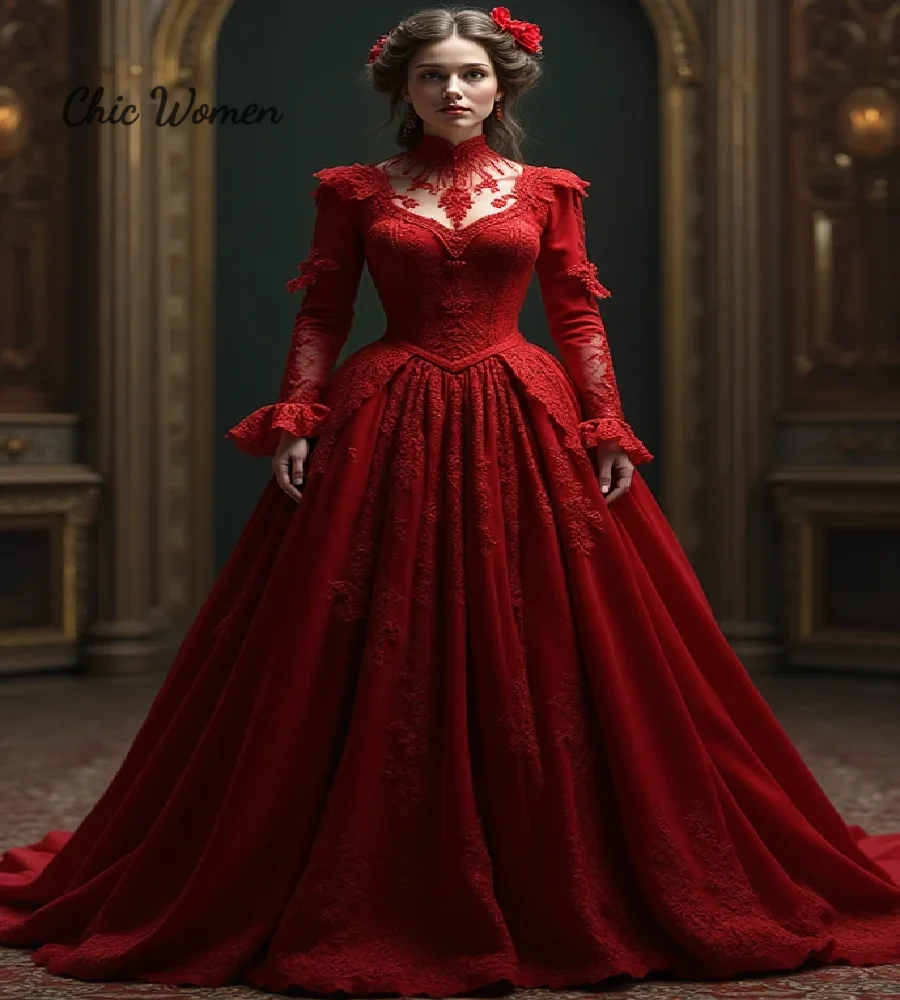 

Elegant Victorian Red Prom Dress Long Sleeve Lace Medieval Evening Dress 2025 Gothic Renaissance Formal Ceremony PartyCustomized
