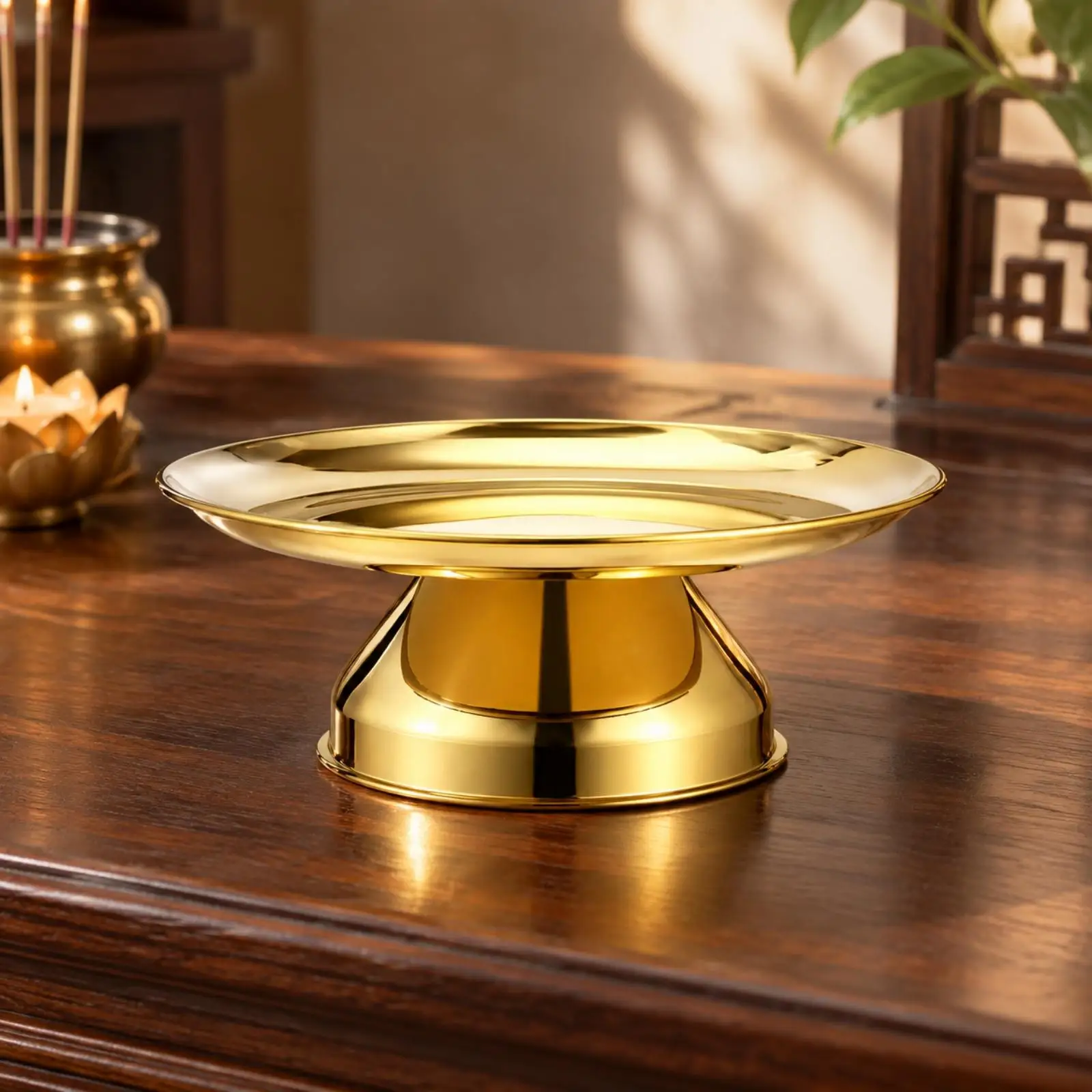Round Stainless Steel Footed Serving Plate Wipe-Clean Gold Finish Pedestal Offering Plate for Home Devotional Setting
