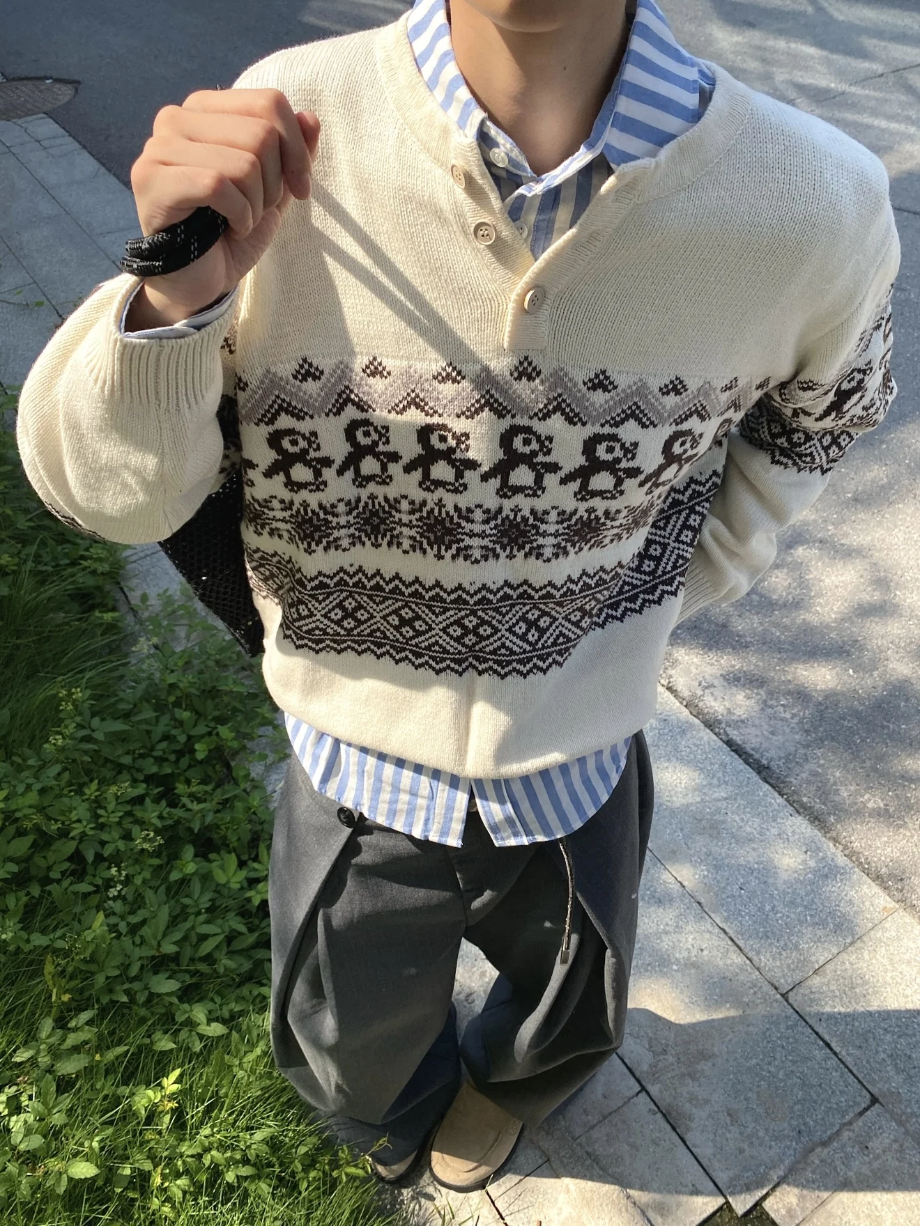 Cisas ペンギン レトロ フェアアイル ニット ラウンドネック セーター メンズ カジュアル 秋冬 多用途デザイン ロング丈 暖かい...