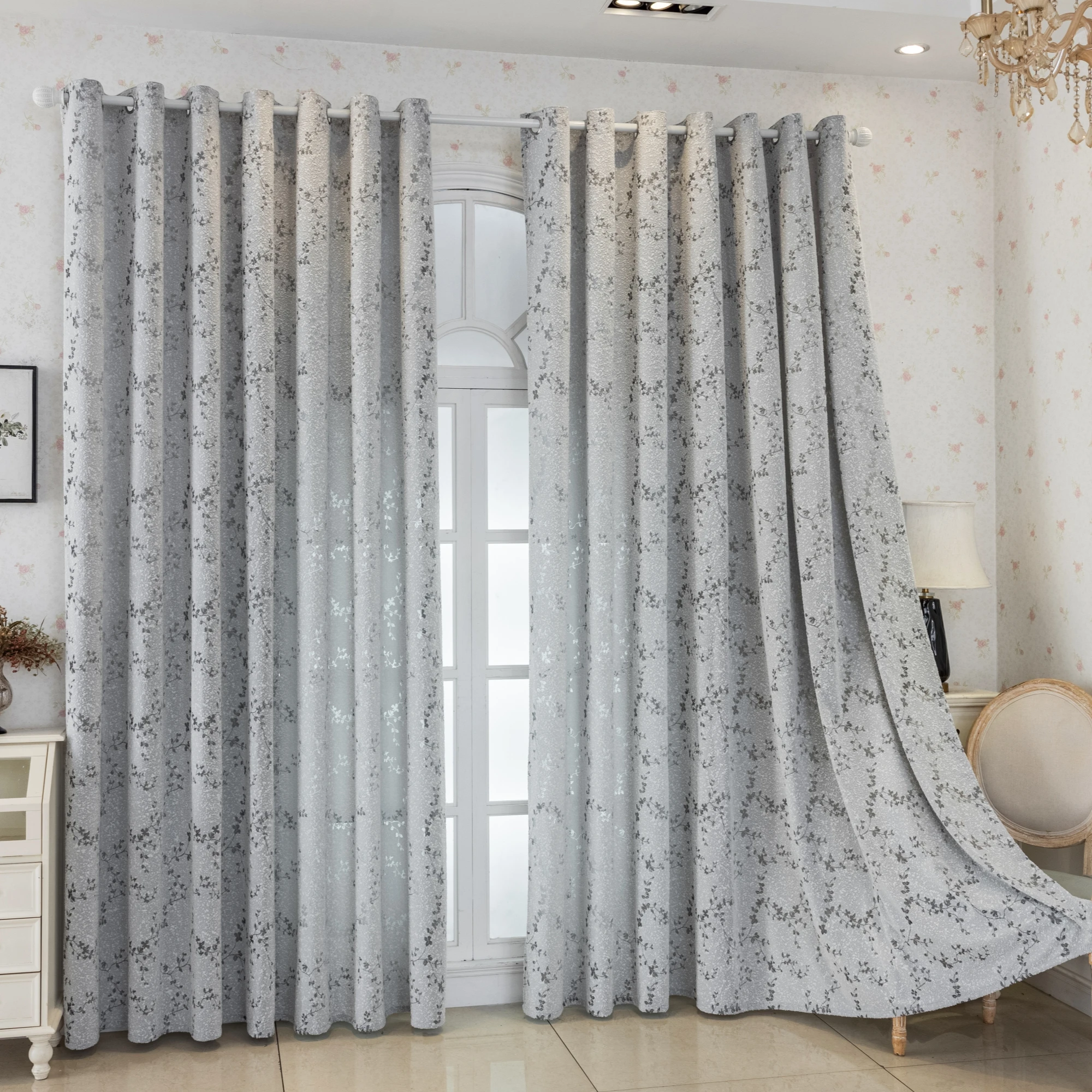 1pc Grey Floral Sheer Curtains, Thicked Transparent Flower Pattern Window Drapes for Living Room Bedroom Decor