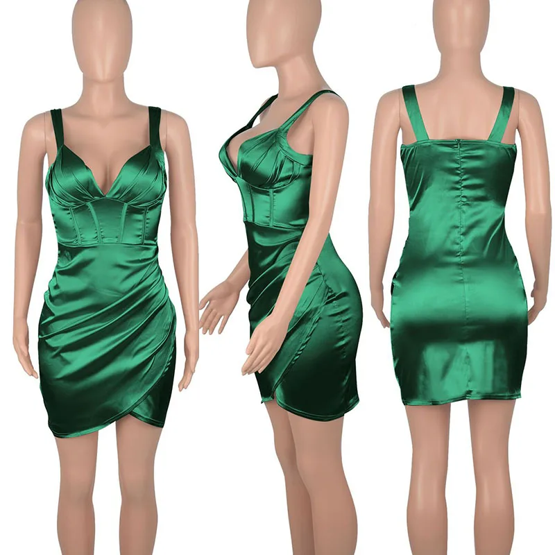 Vestido Sexy de satén con tirantes finos para mujer, vestido de noche elegante, sin mangas, fruncido, Irregular, ceñido al cuerpo, Mini vestido para discoteca