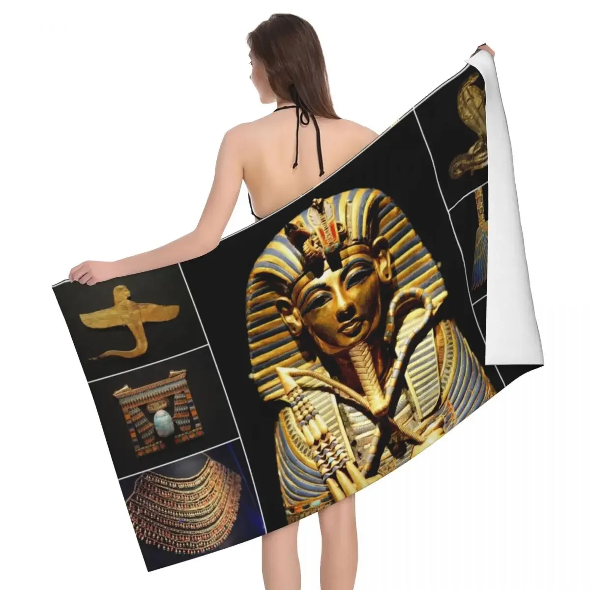 Egypt Ancient King Tutankhamun Hieroglyphics Beach Towel Super Soft Quick Dry Egyptian Pharaoh Sauna Bath Towels for Kids Adults