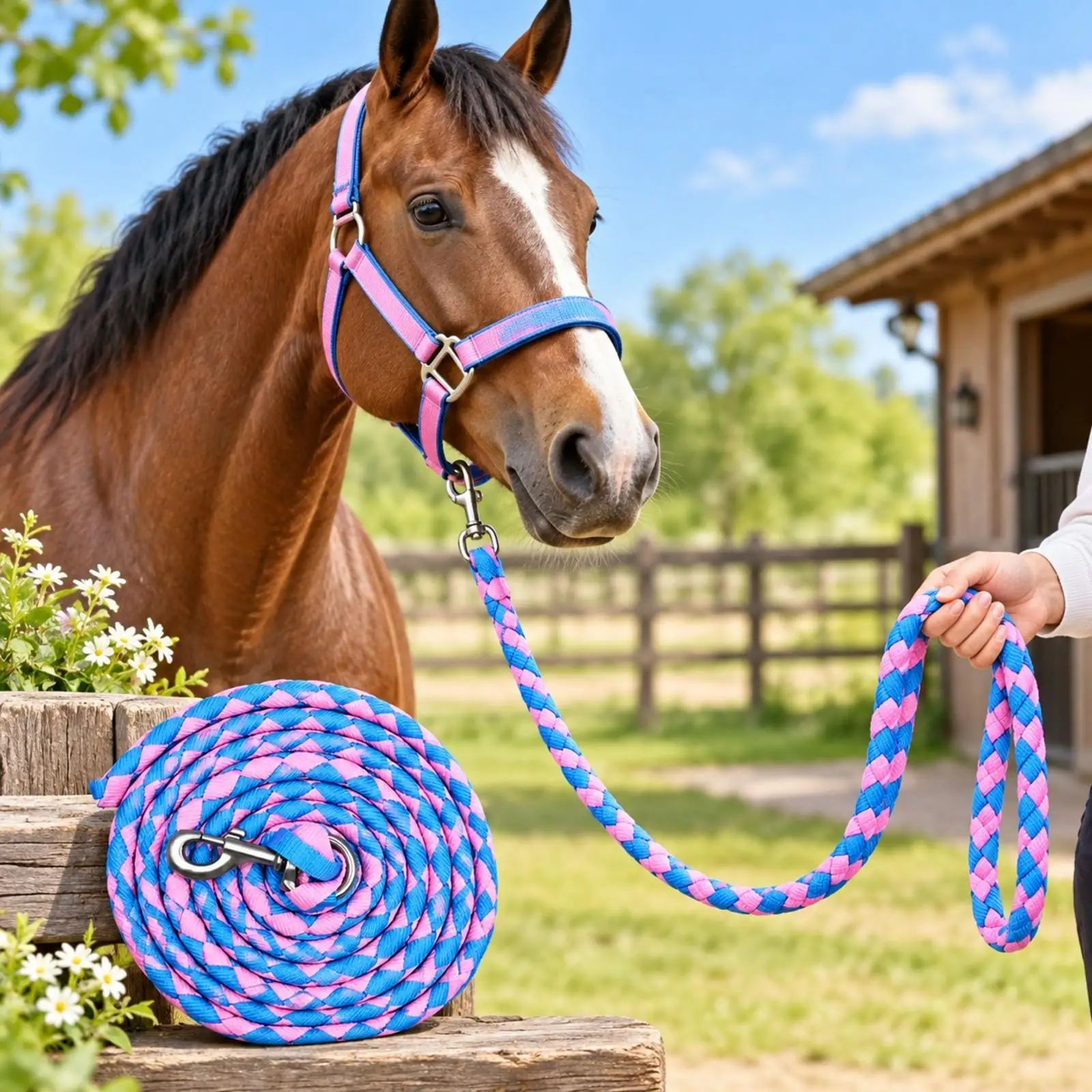 Equestrian Horse Lead Rope Hand Braided Nylon with Metal Attachment Loop for Routine Horse Handling