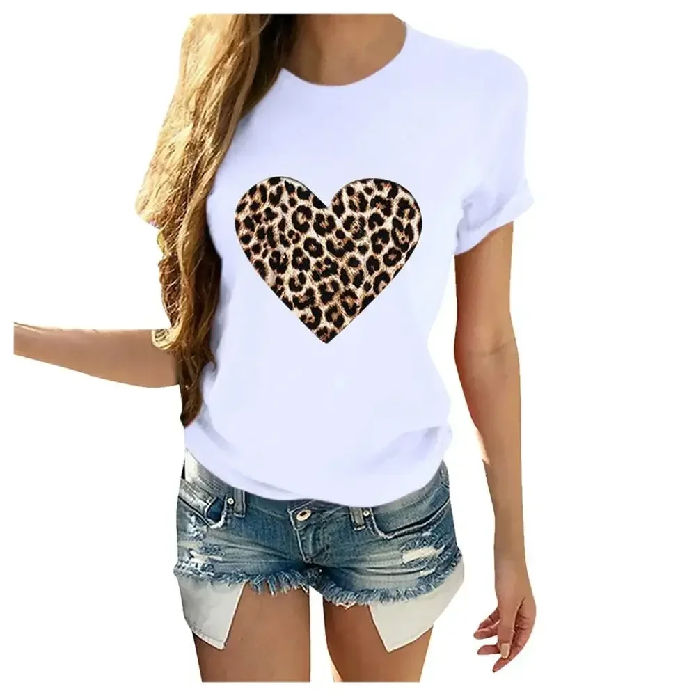 Plus Size Women T-Shirt 2024 Summer Leopard Heart Print T Shirt Women Casual White Tops Loose Short Sleeve Tshirt Camisas Mujer