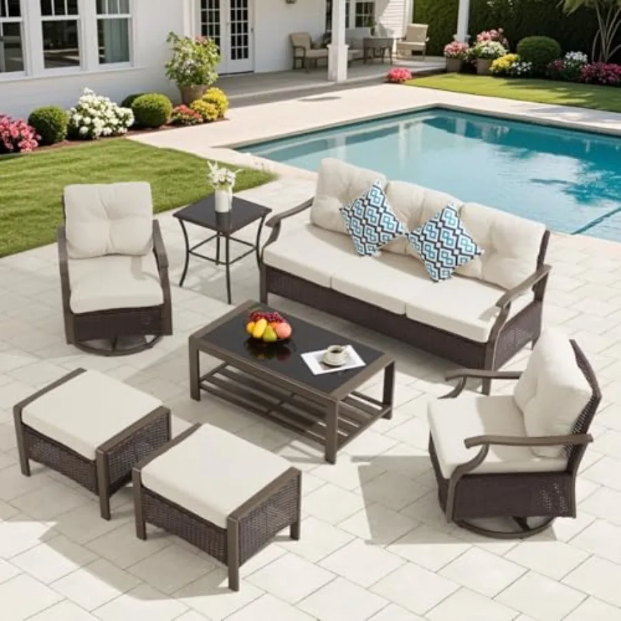 

Outdoor Conversation Sets Coffee Table, Side Table and Ottoman, Metal Outdoor Patio Furniture Set, Wicker Rattan Outdoor Sectio