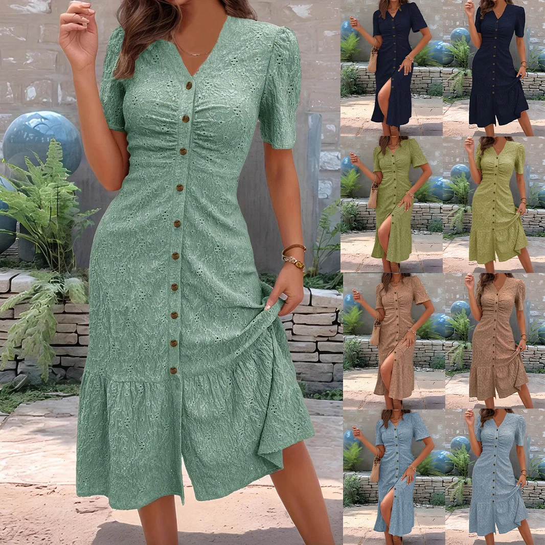 Vestido Fiesta Mujer Primavera Estate Abito camicia a maniche lunghe Donna Scollo a V Increspato Abito monopetto per vacanze al mare di media lunghezza