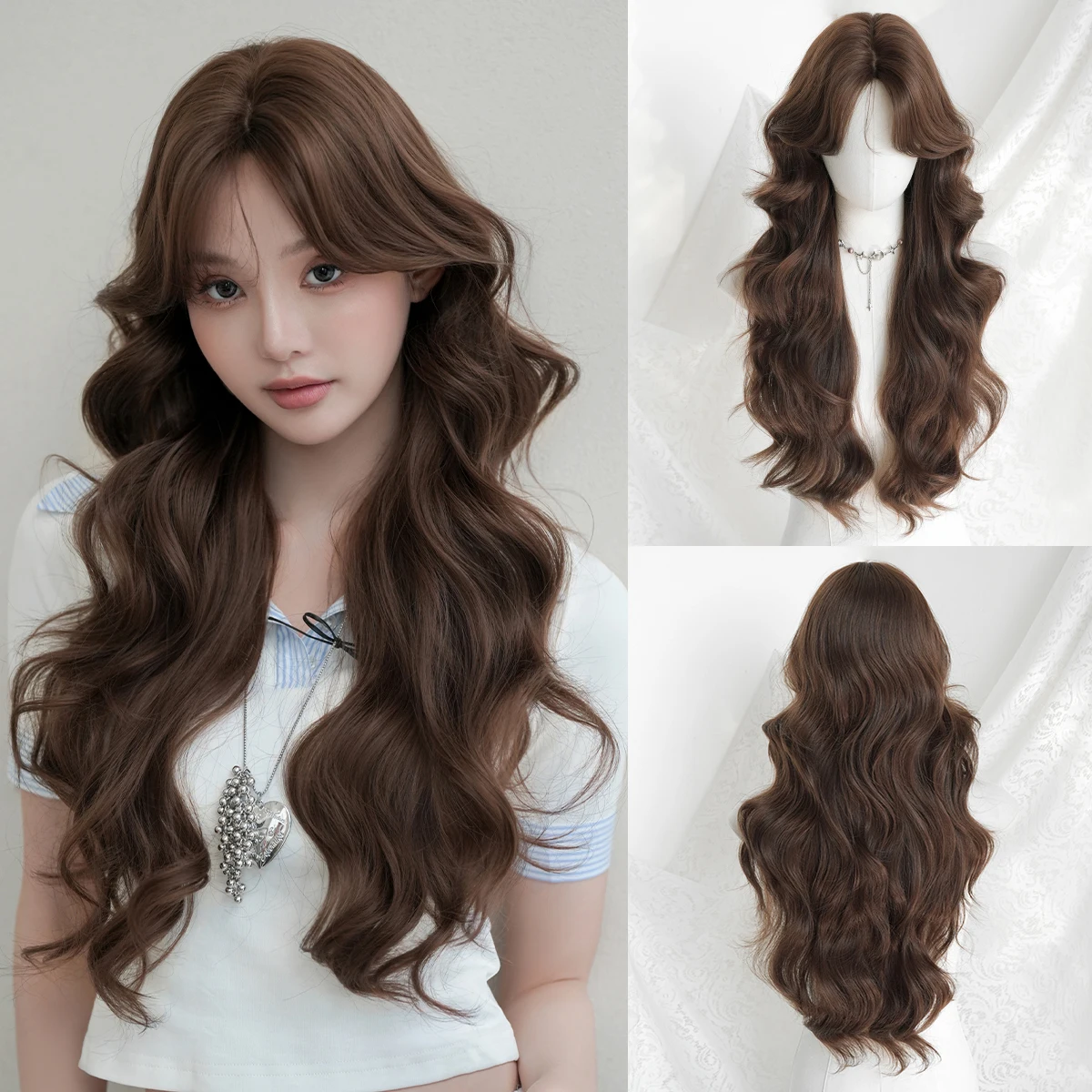 7JHH WIGS Lange gewellte Mokkabraune Perücke für Damen, synthetische, modische Perücke mit Mittelscheitel und Vorhangfransen, sofort tragbar