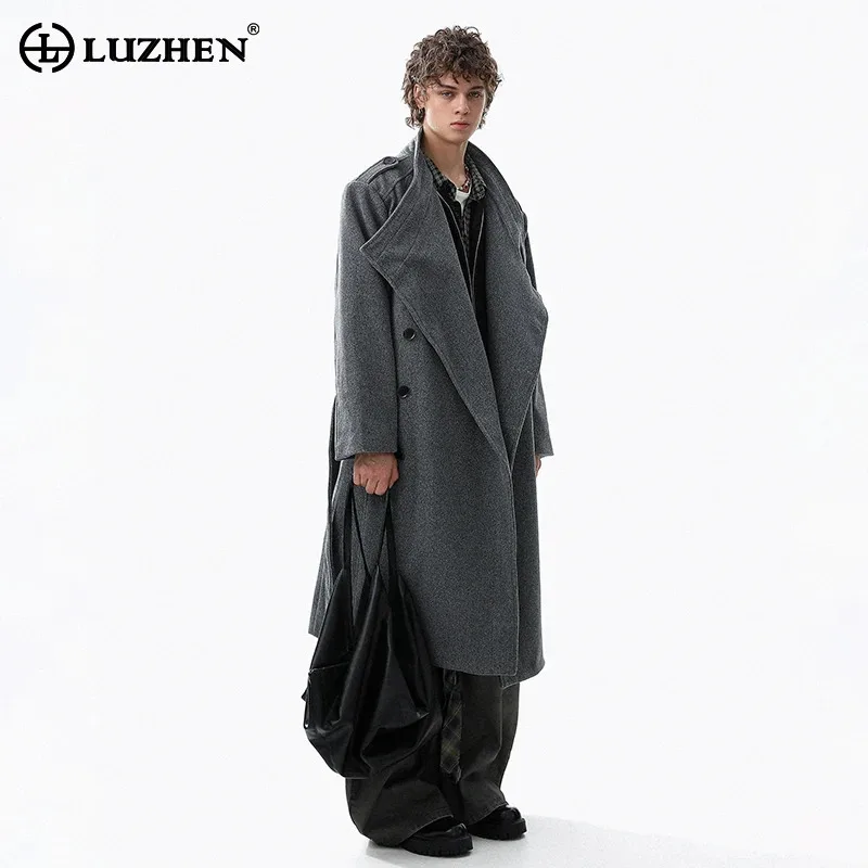 

LUZHEN 2025 Autumn Winter New Solid Color Elegant Windbreaker Woolen Coat Men's Trendy High Quality Knee-length Trench JY5121