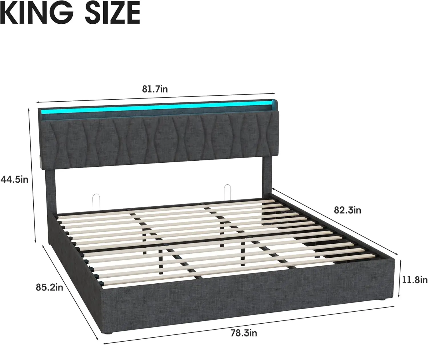 King Size Lift Up Storage Bed Frame, Height Adjustable Storage Headboard with Charging Station, LED Lights Upholstered Platform