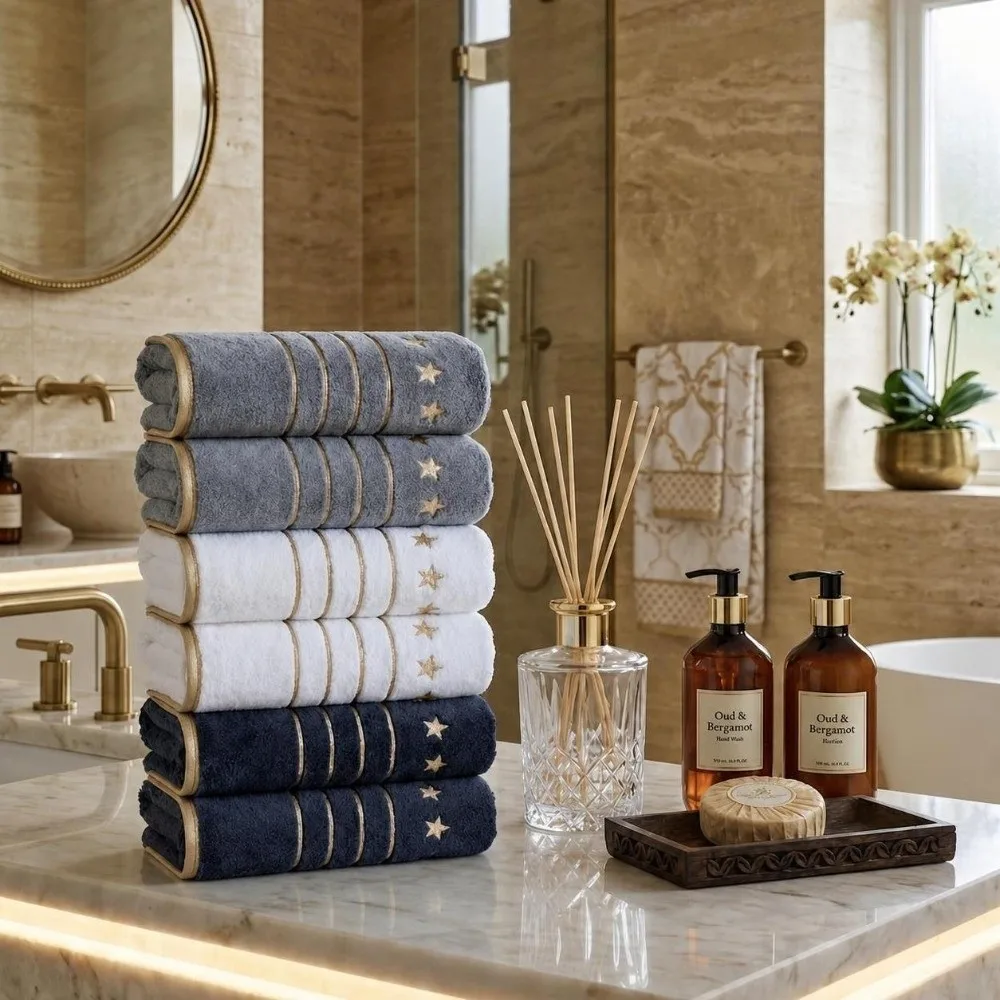 4pcs Super Absorbent Star Embroidered Towel Set Quick Dry Ultra Soft Bath Towel Set Gold Trim Coral Fleece Hand Towel Set Travel