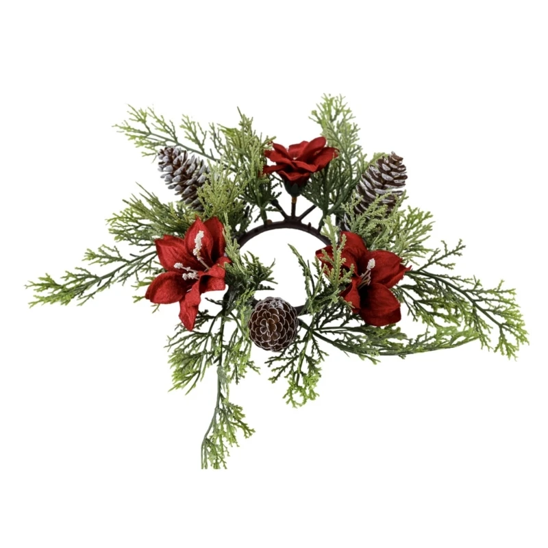 Christmas Rings Wreaths with Artificial Flower and Pinecones for Christmas Table Centerpieces Pillars Wine Bottle