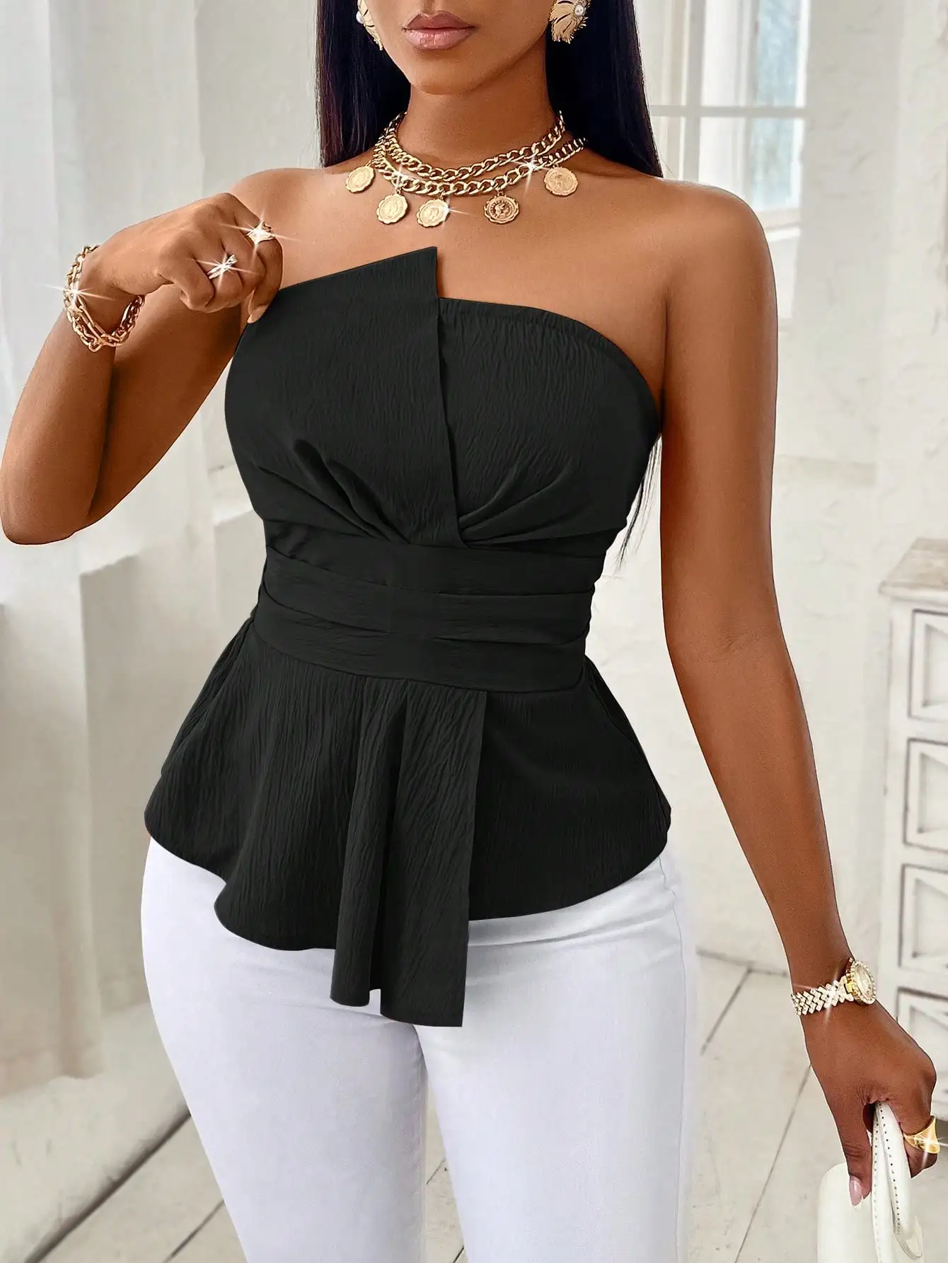 قميص نسائي أسود بدون حمالات بدون أكتاف، أزياء صيفية أنيقة ومتعددة الاستخدامات يجب اقتناؤها