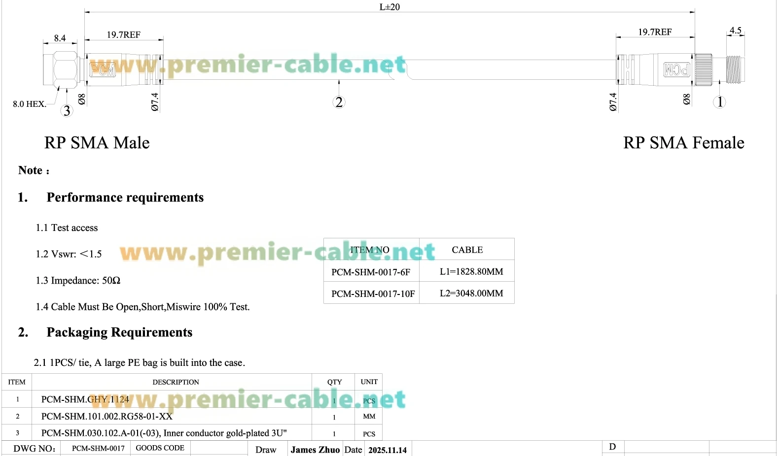 RP-SMA Stecker auf RP-SMA Buchse Verlängerungskabel RG58 50 Ohm RF-Koaxialkabel für WLAN-Antenne, Router, Drahtlosnetzwerkkarte – Detail 1