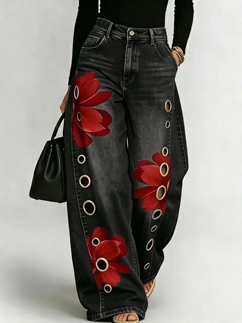 Frühling Herbst Neu im Sortiment Imitations-Jeans für Damen, bedruckt, lässig, locker, Retro-Street-Fashion, weites Bein – Detail 5