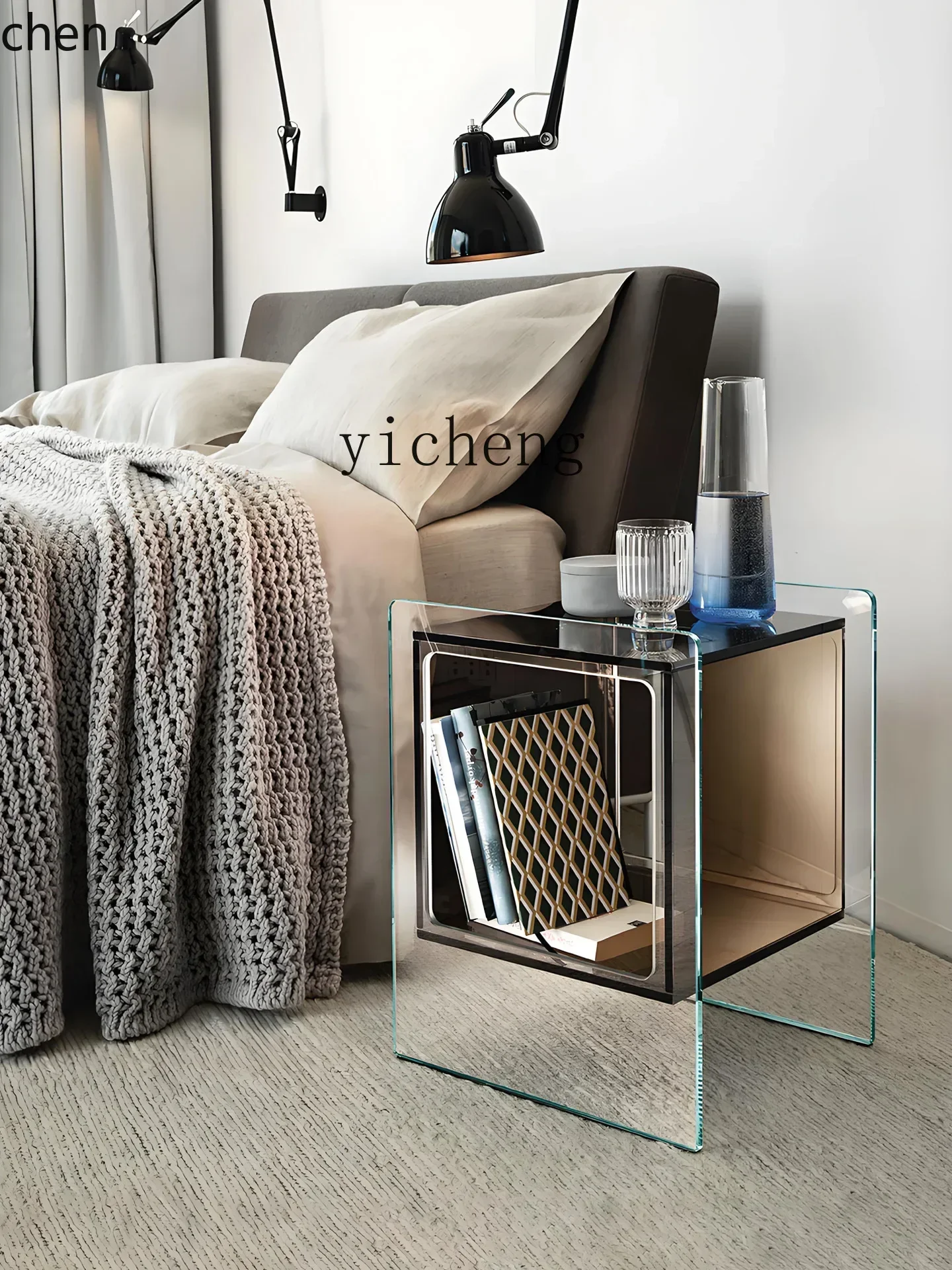 HT Minimalist Glass Sofa Side Table Side Cabinet Living Room Storage Cabinet Movable Small Coffee Table Bedroom Bedside Table