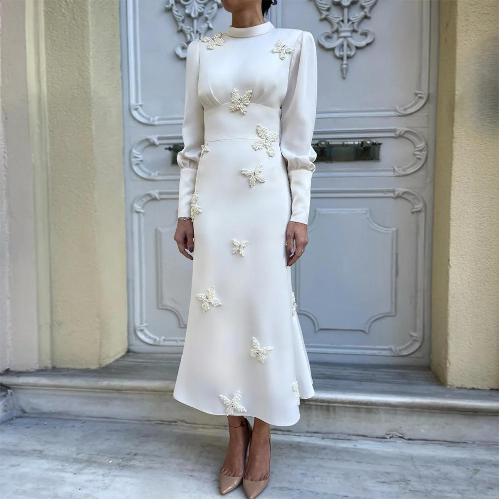 

Elegant Wedding Party Dress Customized High Collar Long Sleeves Tea Length Prom Gowns Crystal Pearl Trumpet Party Dresses