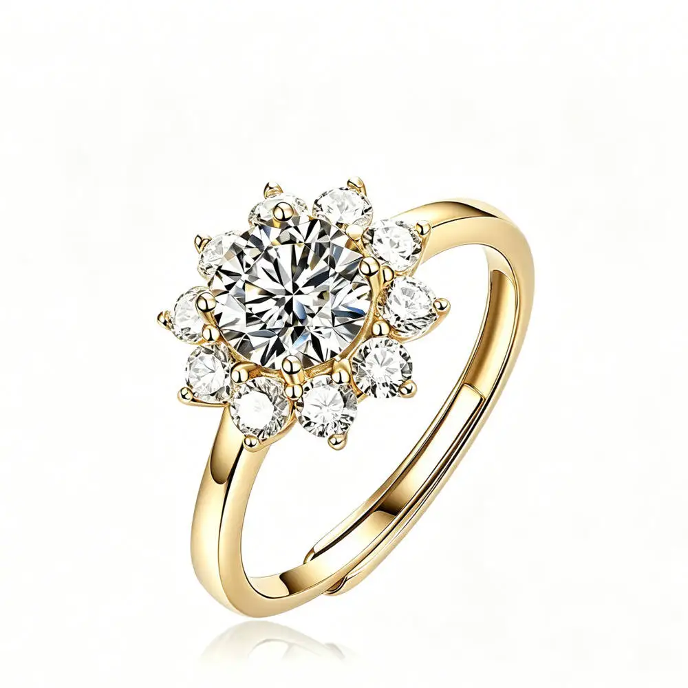 925 Sterling Silver Sunflower Adjustable Rose Gold Color Ring D VVS1 Moissanite Multi Tone Engagement Fine Jewelry For Women