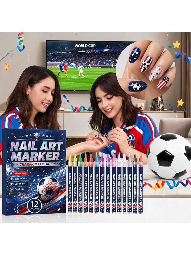 

12Pcs Champion Fan Edition Nail Art Markers Quick Dry Nail Pens DIY American Flag Football Nail Art Liner Manicure Tools